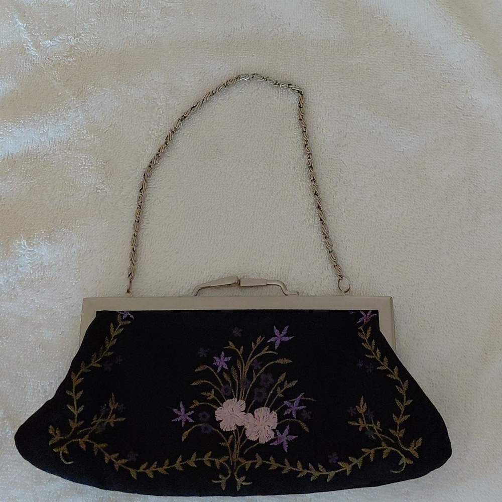 Black Embroidered Evening Clutch with Chain Handle